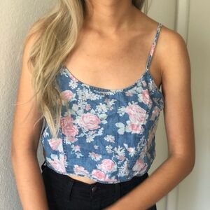 BDG Blue Floral Denim-Print Spaghetti Crop Top